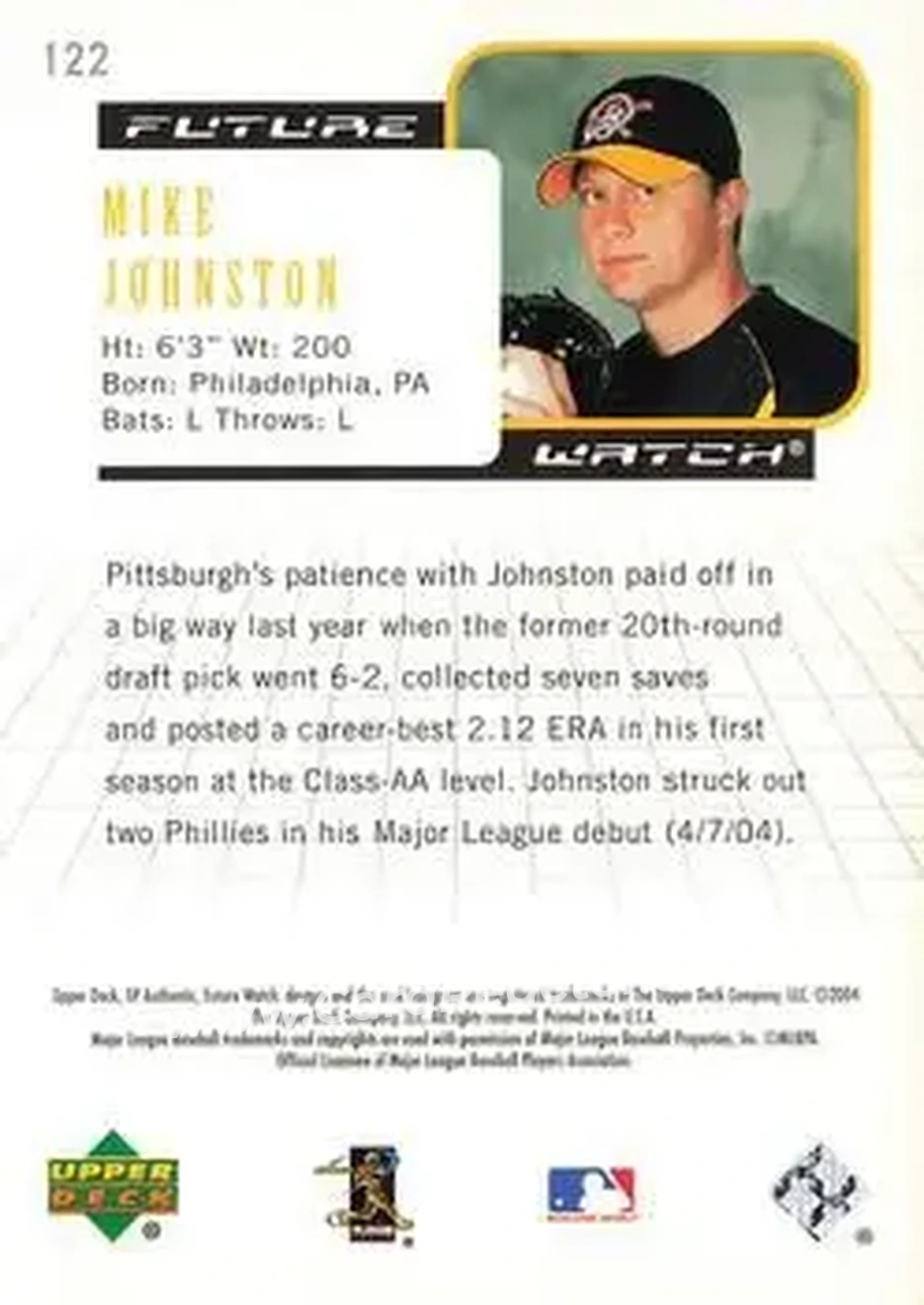 2004 SP Authentic #122 - Mike Johnston - Pittsburgh Pirates - Back