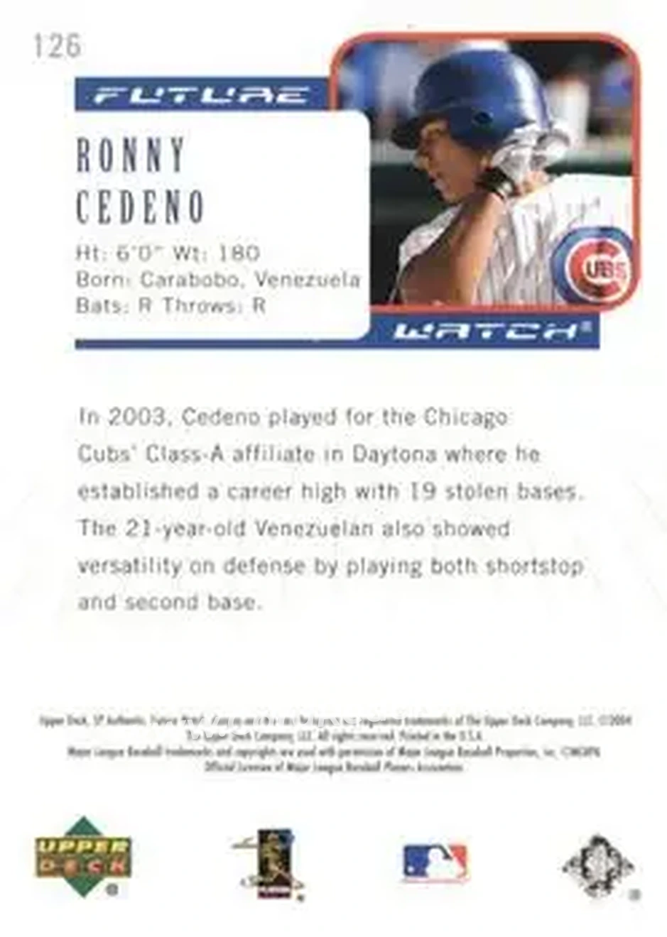 2004 SP Authentic #126 - Ronny Cedeno - Chicago Cubs - Back
