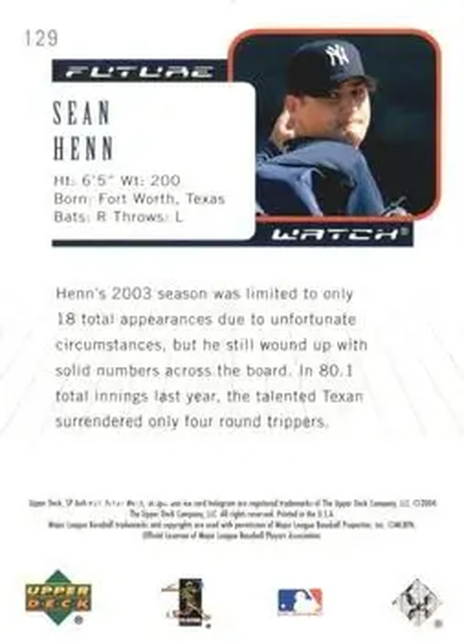 2004 SP Authentic #129 - Sean Henn - New York Yankees - Back