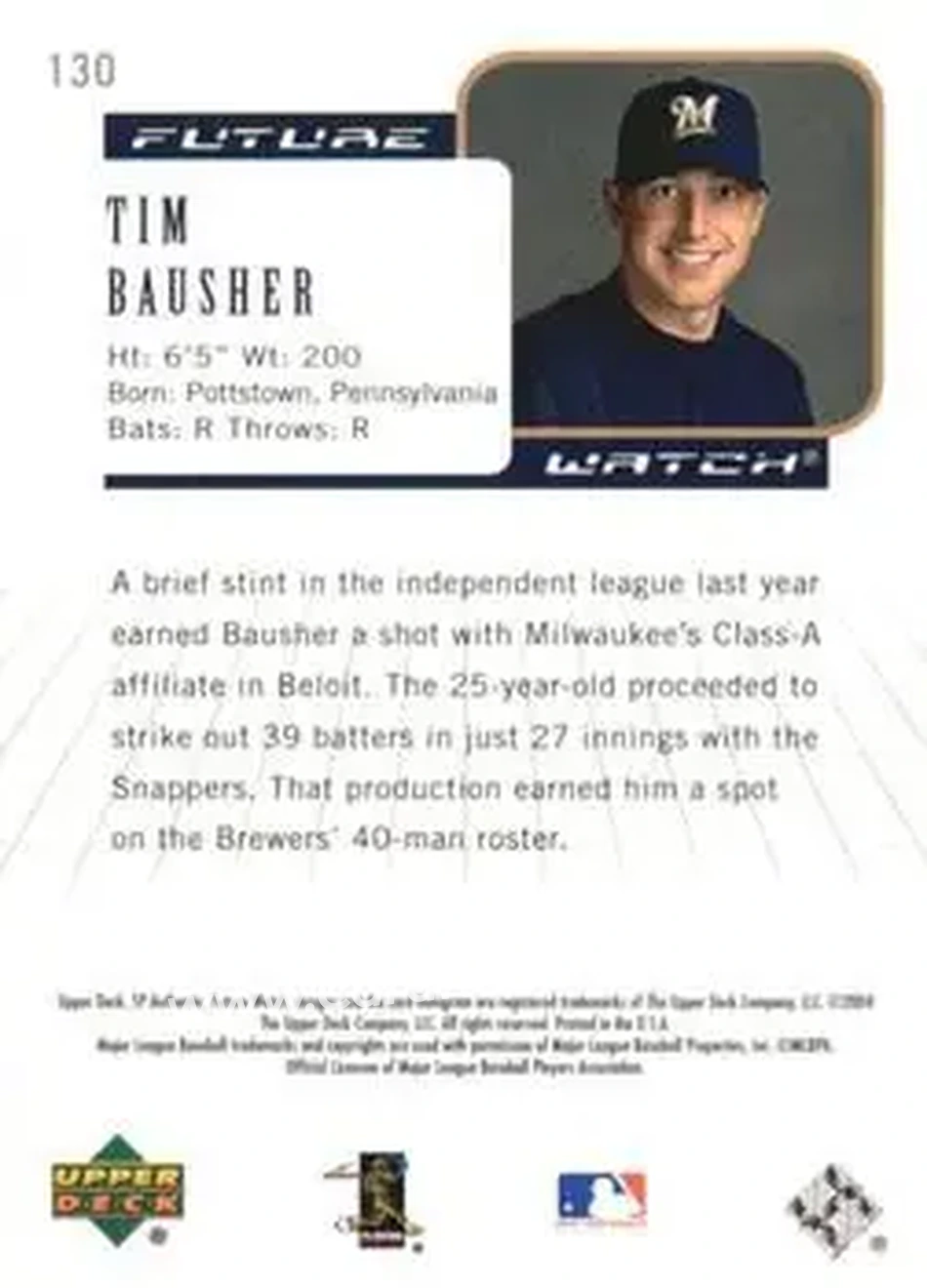 2004 SP Authentic #130 - Tim Bausher - Milwaukee Brewers - Back