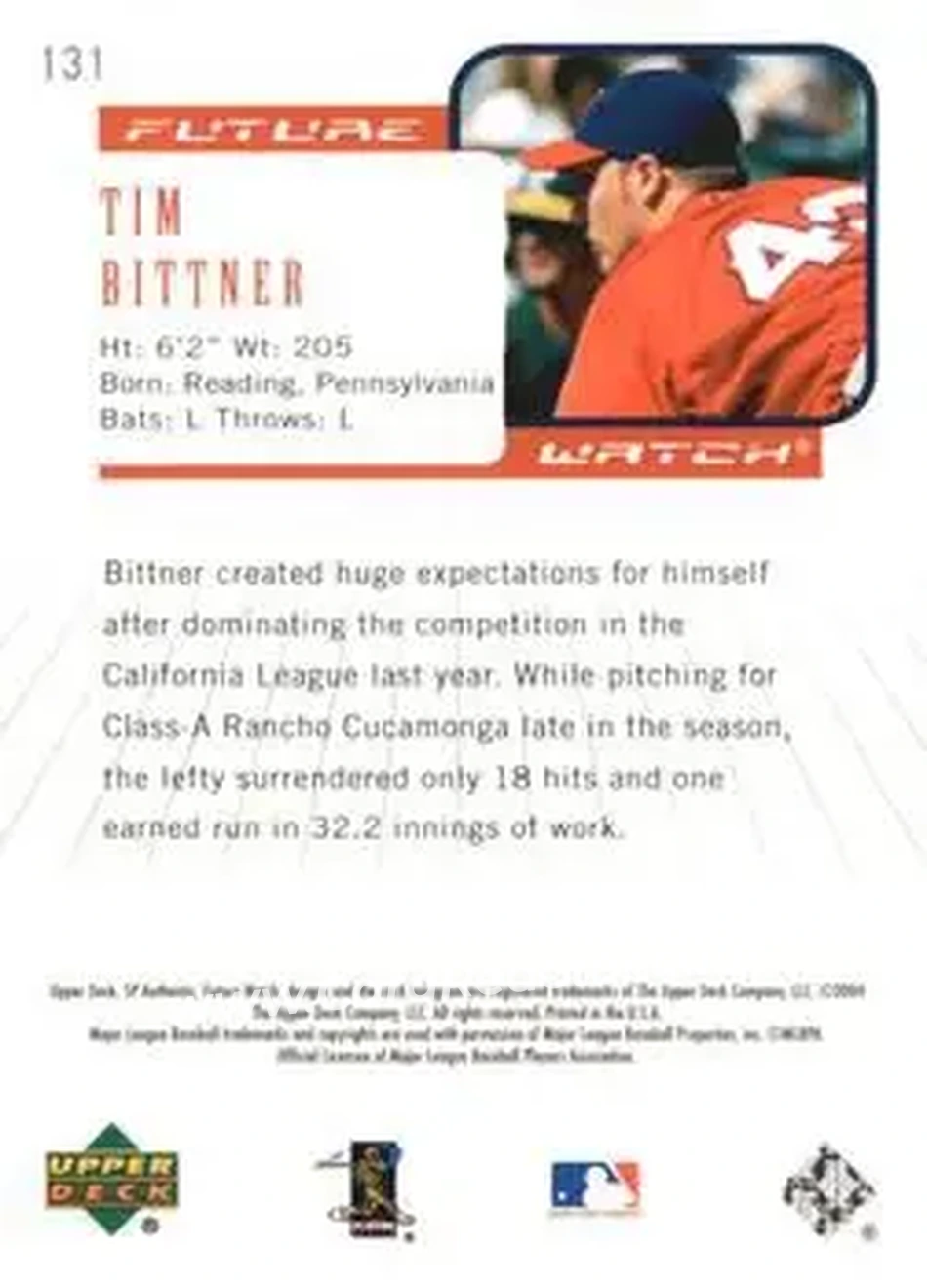 2004 SP Authentic #131 - Tim Bittner - Anaheim Angels - Back