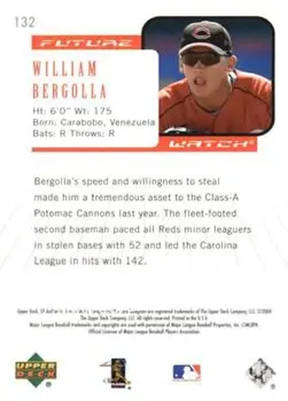 2004 SP Authentic #132 - William Bergolla - Cincinnati Reds - Back 2004 SP Authentic #132 - William Bergolla - Cincinnati Reds - Back