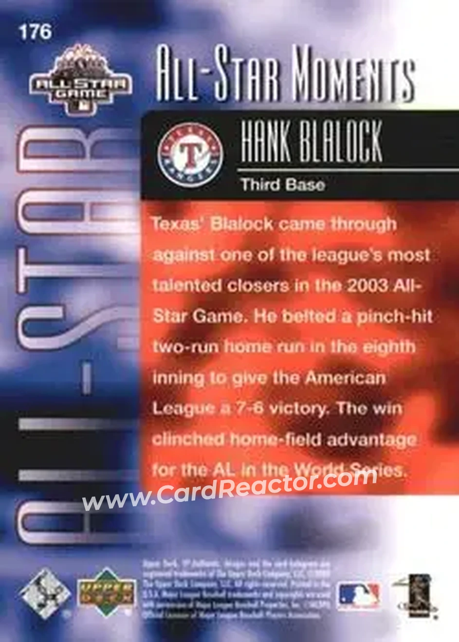 2004 SP Authentic #176 - Hank Blalock - Texas Rangers - Back