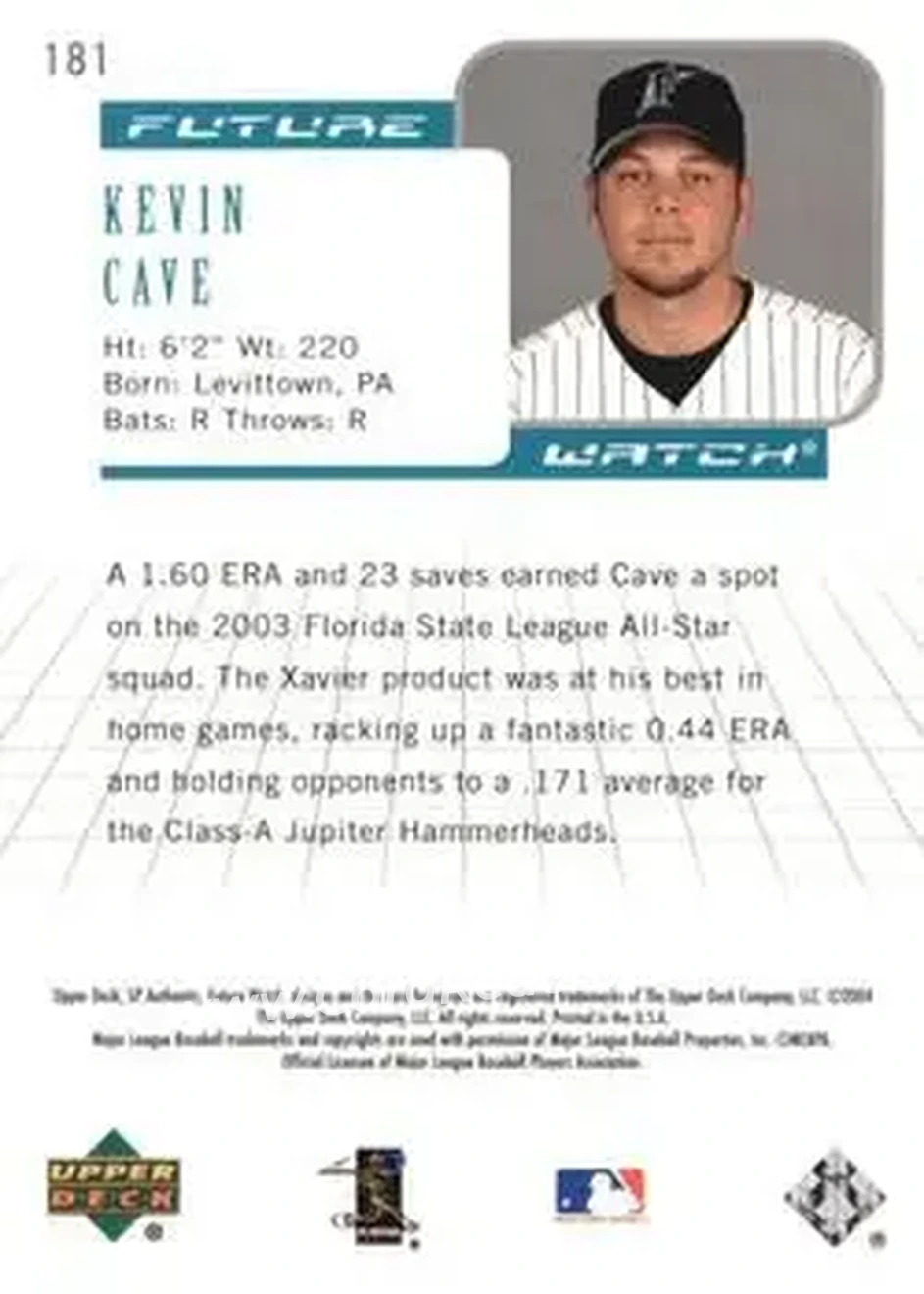 2004 SP Authentic #181 - Kevin Cave - Florida Marlins - Back