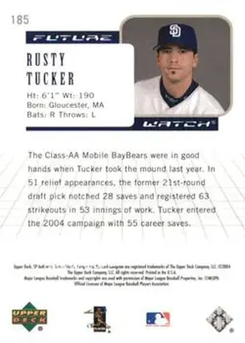 2004 SP Authentic #185 - Rusty Tucker - San Diego Padres - Back 2004 SP Authentic #185 - Rusty Tucker - San Diego Padres - Back