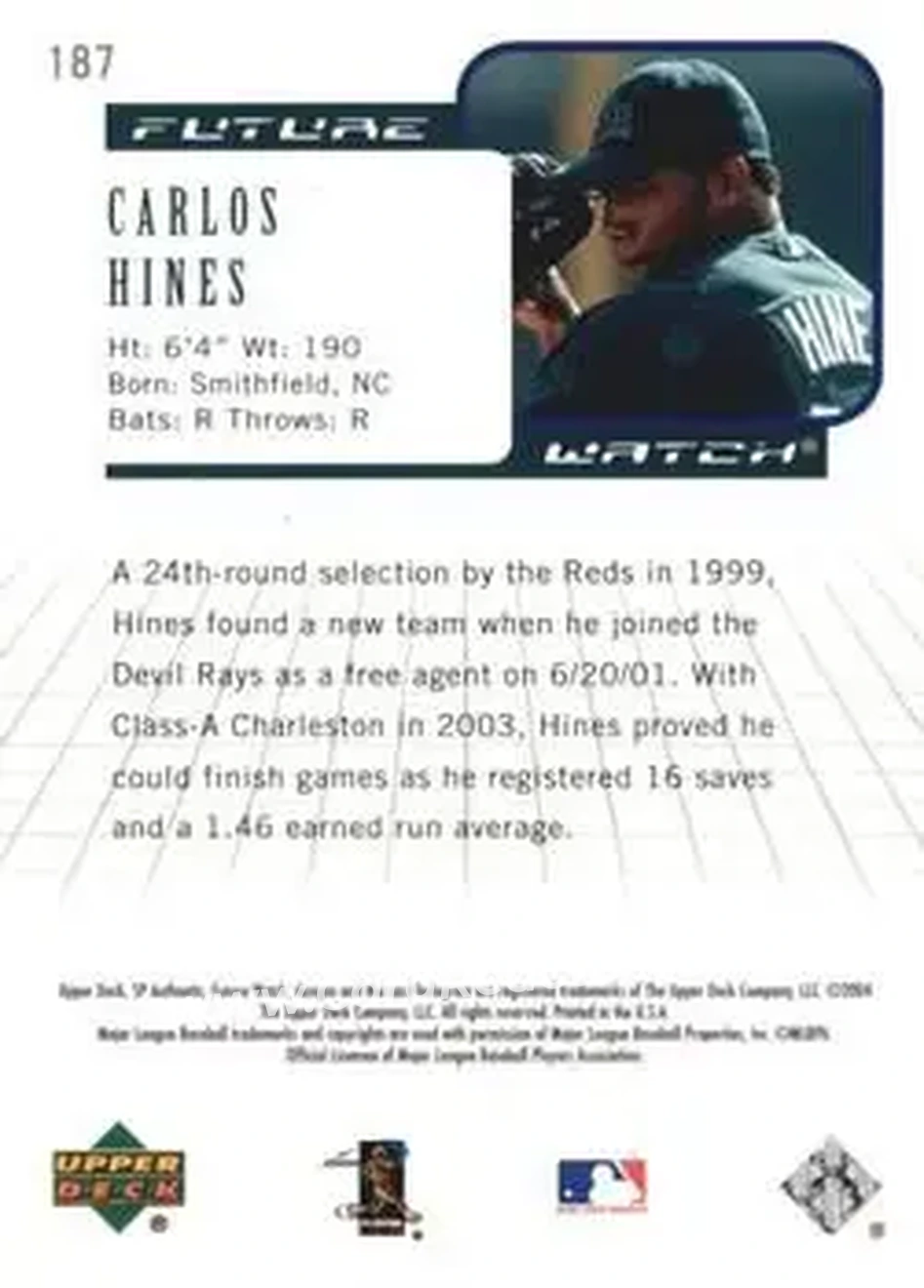 2004 SP Authentic #187 - Carlos Hines - Tampa Bay Devil Rays - Back