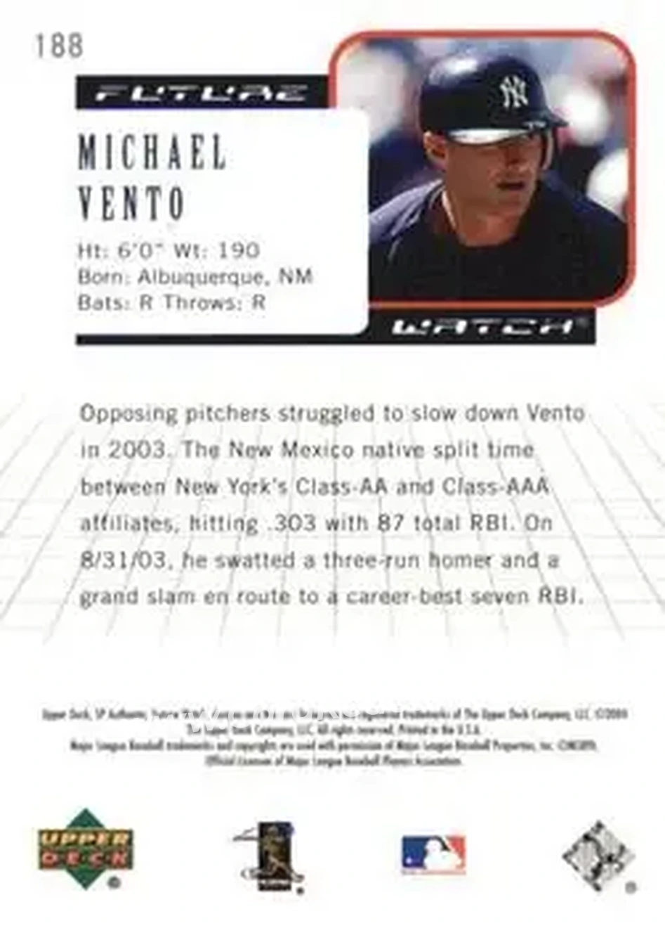 2004 SP Authentic #188 - Mike Vento - New York Yankees - Back