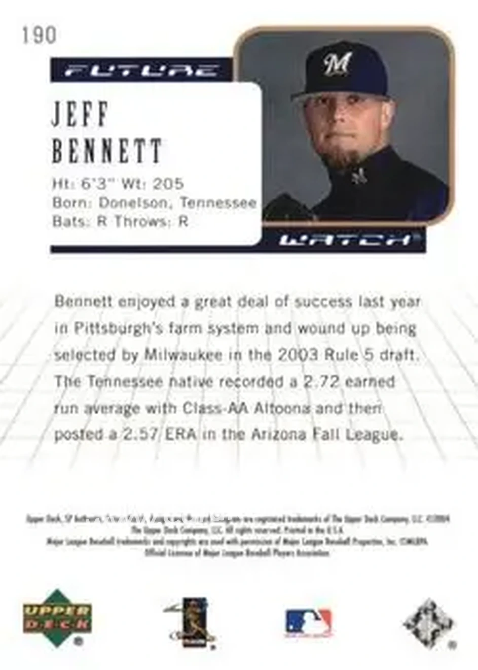 2004 SP Authentic #190 - Jeff Bennett - Milwaukee Brewers - Back