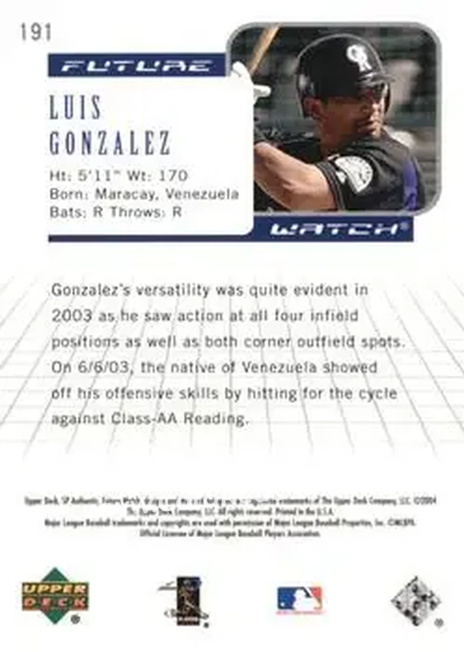 2004 SP Authentic #191 - Luis Gonzalez - Colorado Rockies - Back