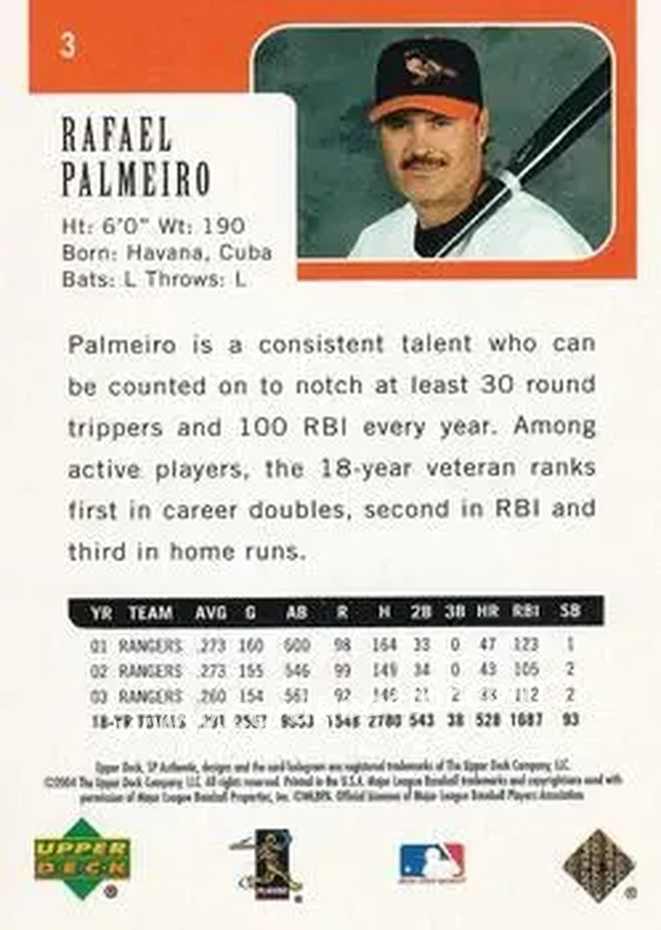 2004 SP Authentic - Gold #3 - Rafael Palmeiro - Baltimore Orioles - Back
