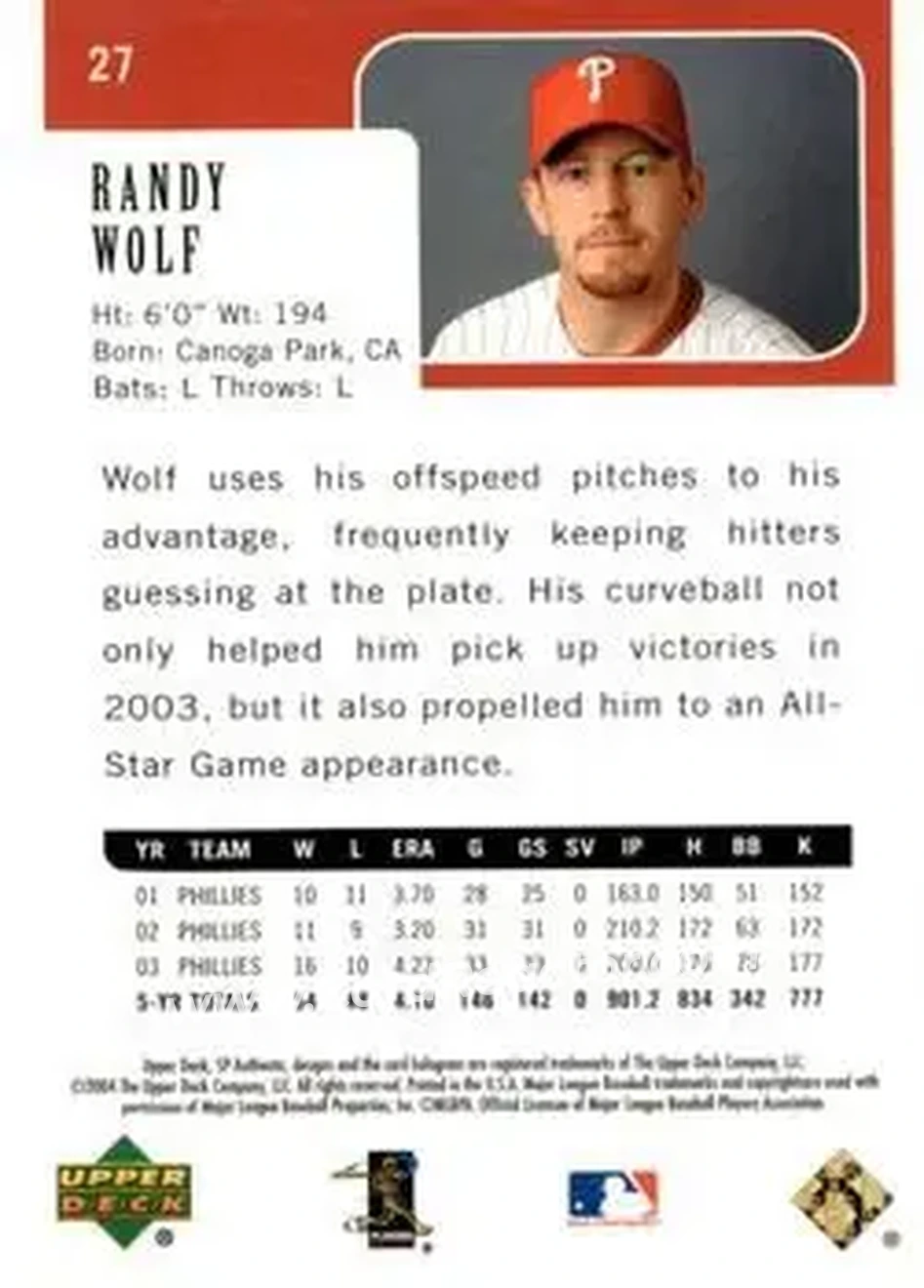 2004 SP Authentic - Gold #27 - Randy Wolf - Philadelphia Phillies - Back