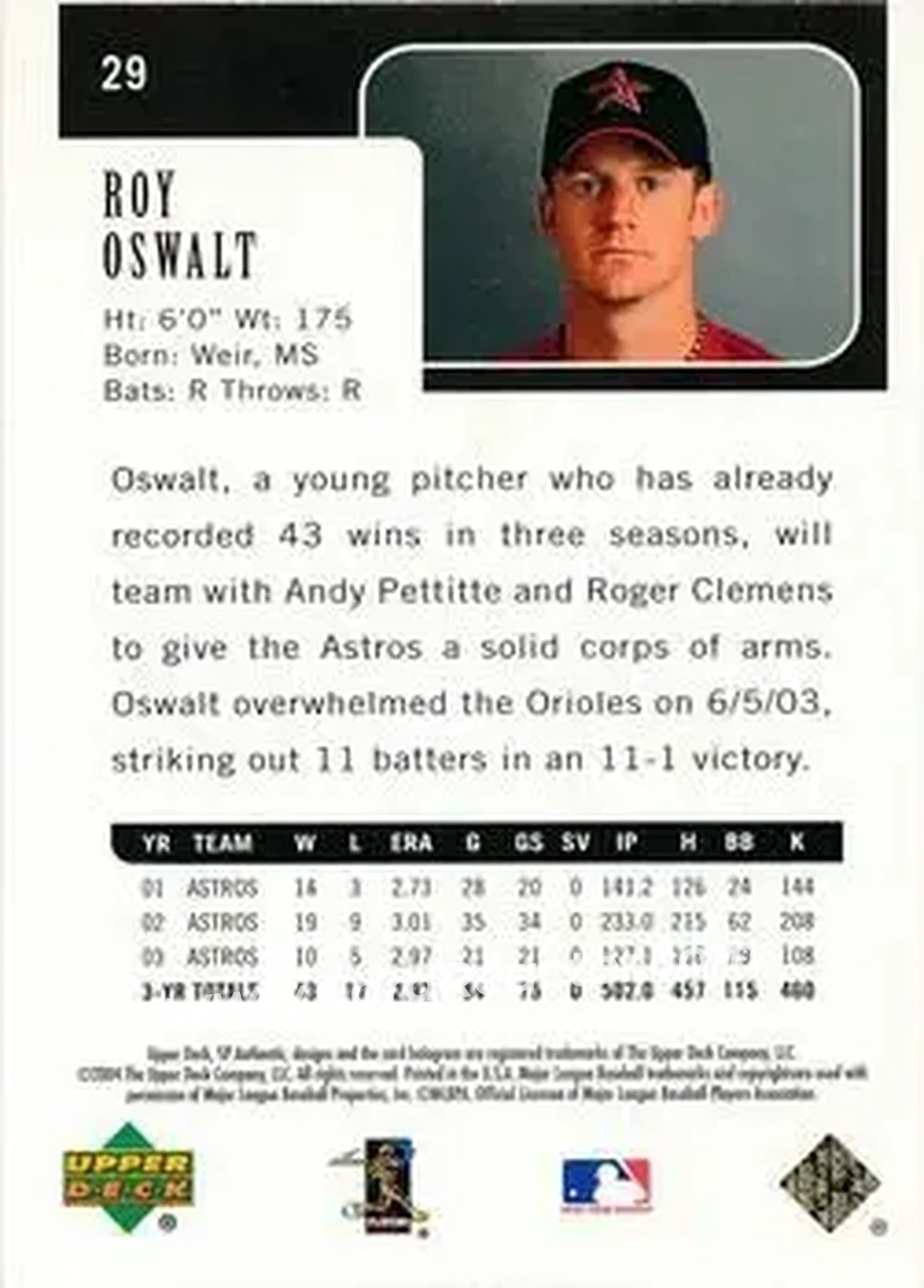 2004 SP Authentic - Gold #29 - Roy Oswalt - Houston Astros - Back