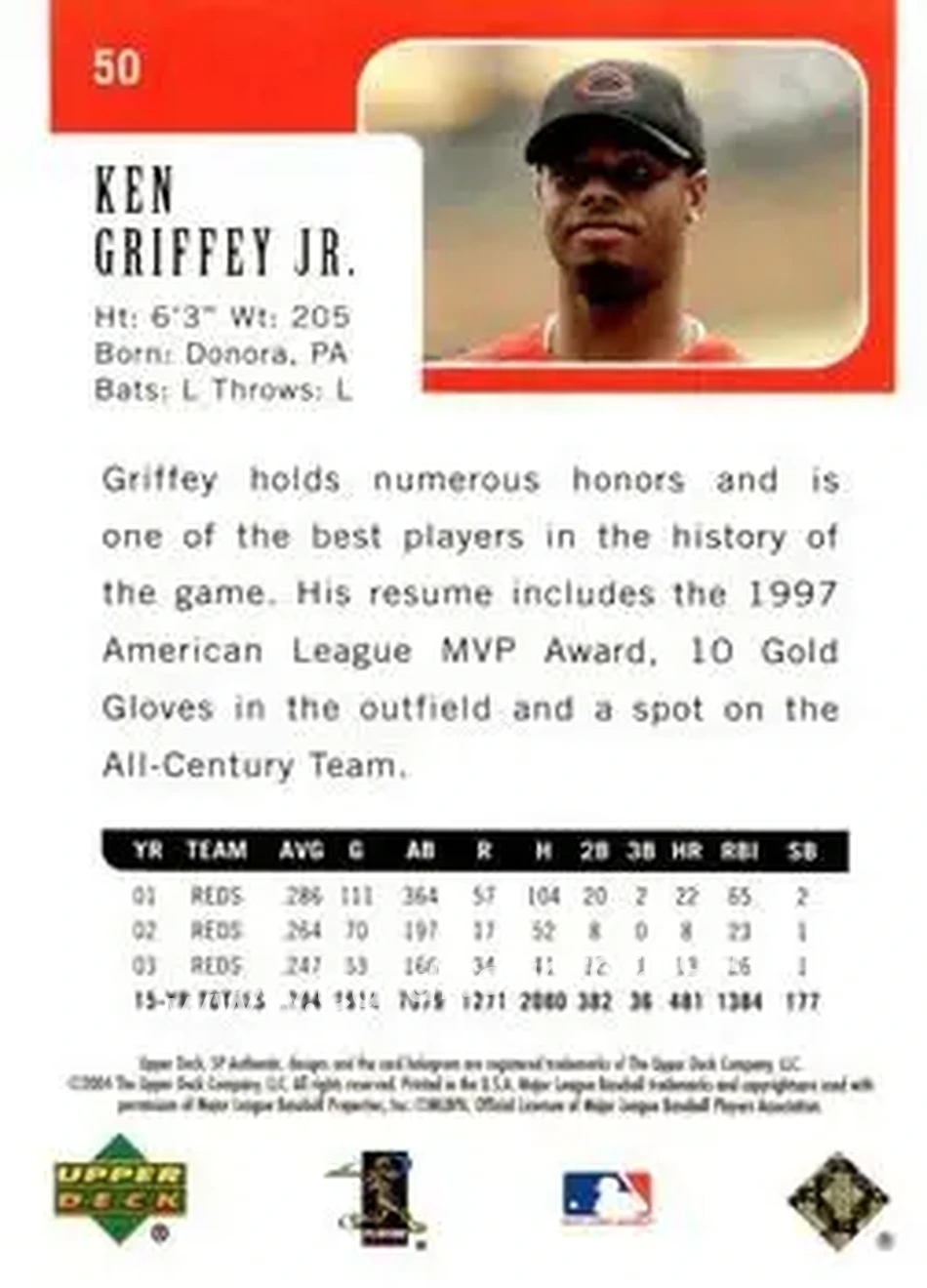 2004 SP Authentic - Gold #50 - Ken Griffey Jr. - Cincinnati Reds - Back
