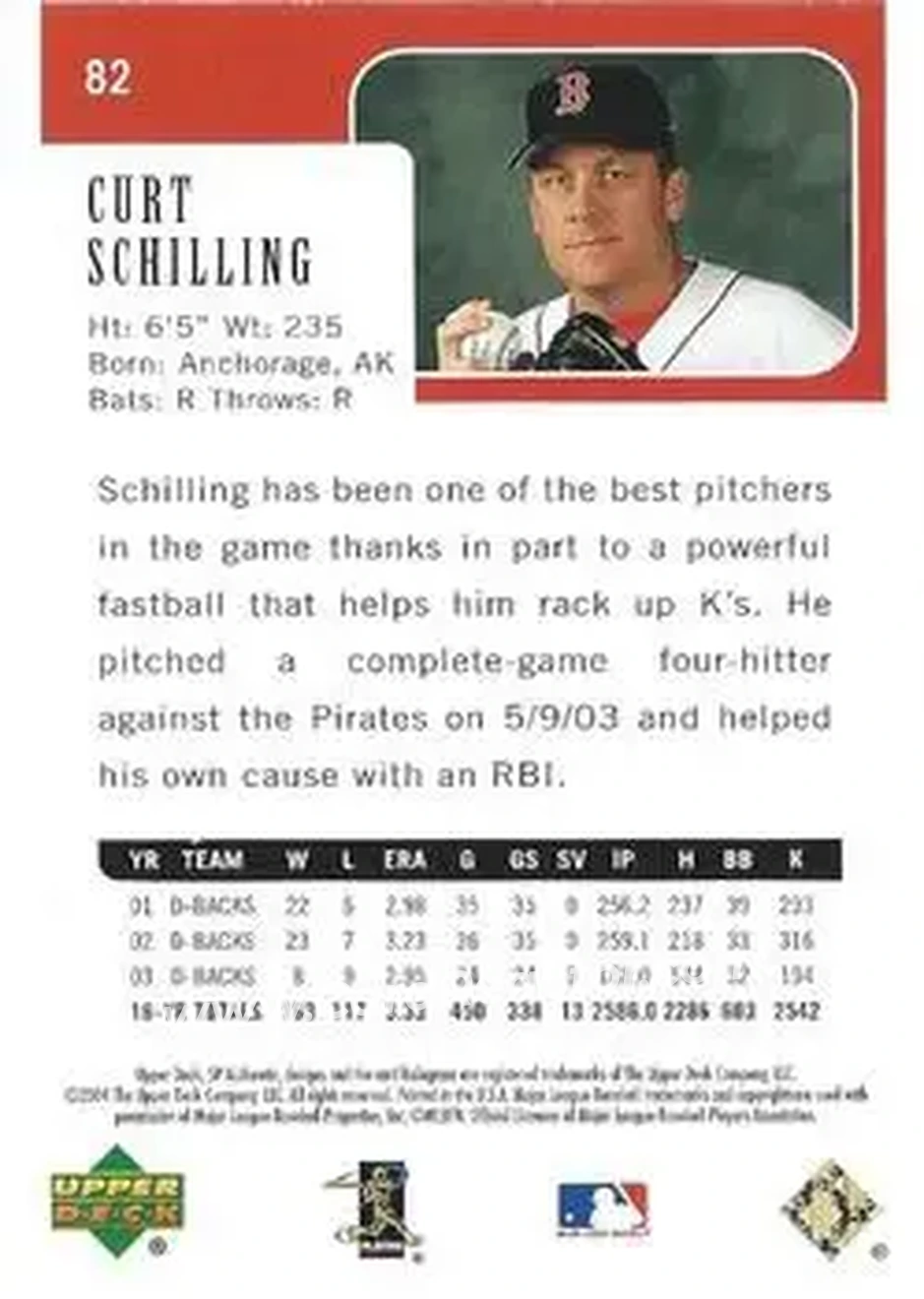 2004 SP Authentic - Gold #82 - Curt Schilling - Boston Red Sox - Back