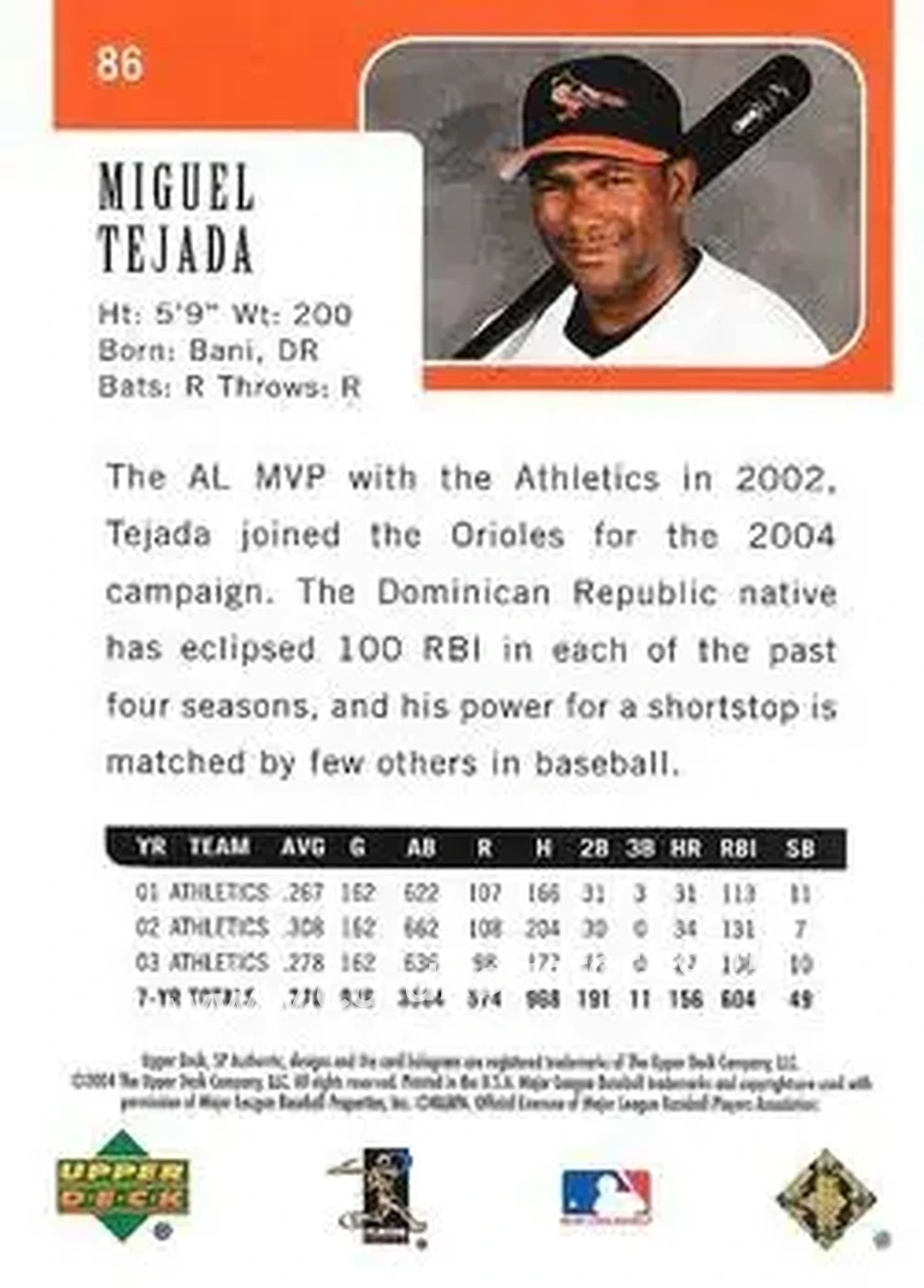 2004 SP Authentic - Gold #86 - Miguel Tejada - Baltimore Orioles - Back