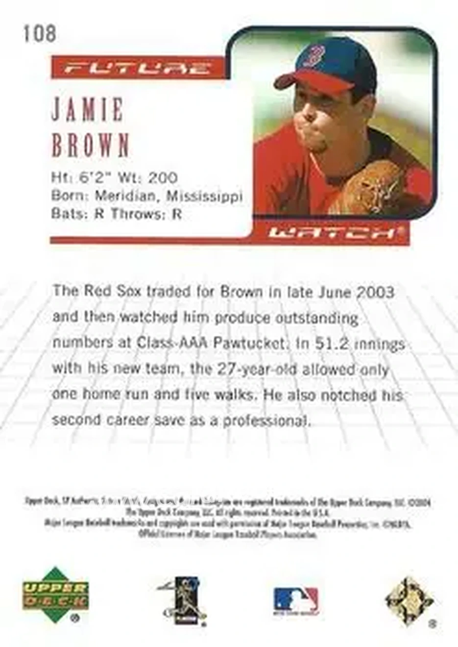 2004 SP Authentic - Gold #108 - Jamie Brown - Boston Red Sox - Back 2004 SP Authentic - Gold #108 - Jamie Brown - Boston Red Sox - Back