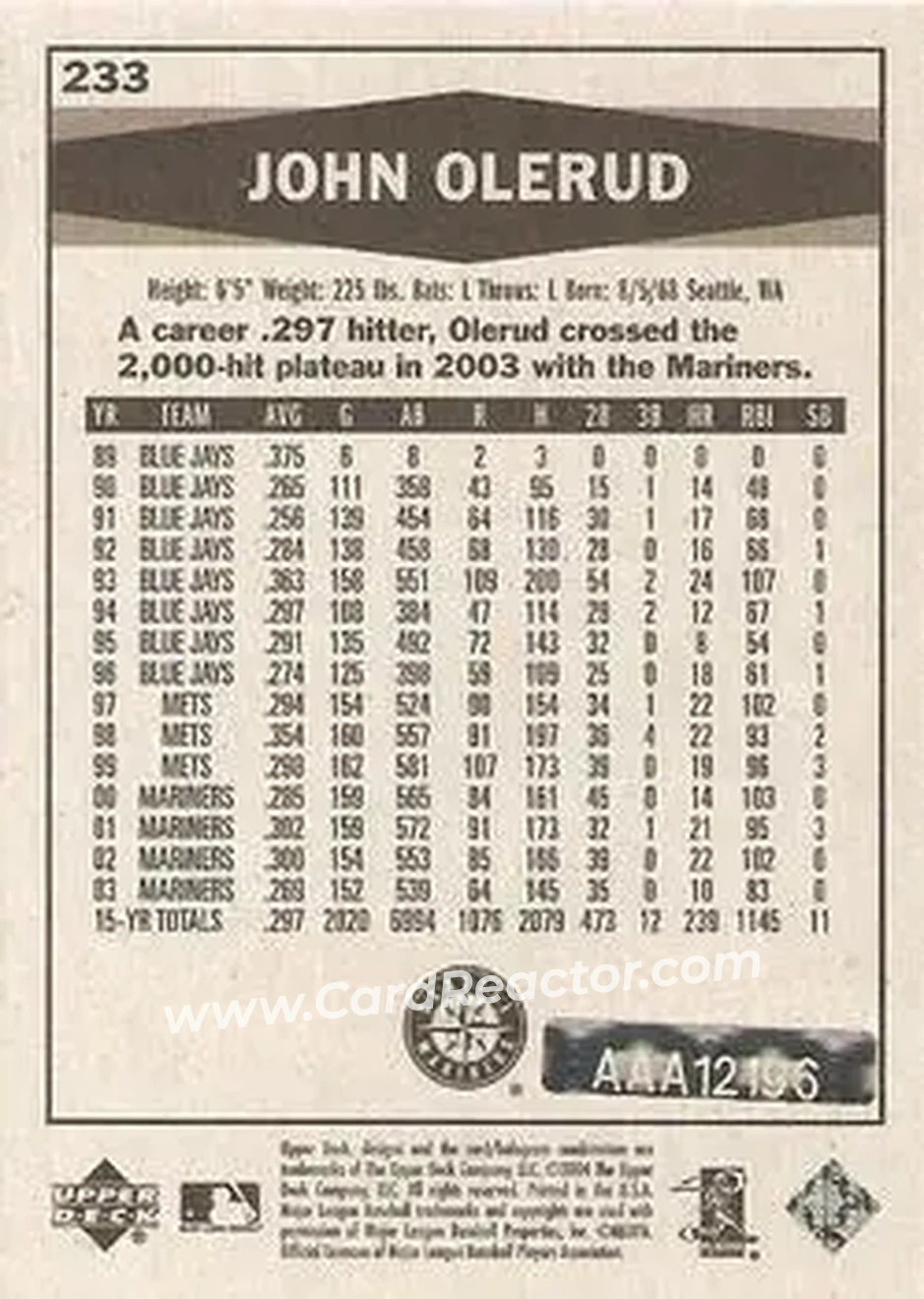 2004 SP Authentic - Autographed Buybacks #233 - John Olerud - Seattle Mariners - Back