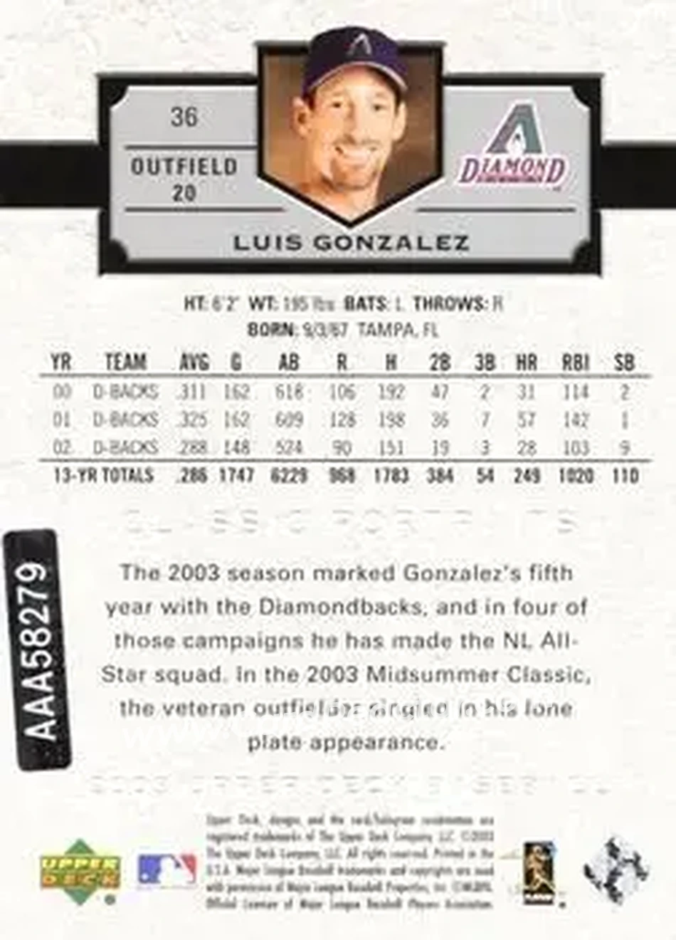 2004 SP Authentic - Autographed Buybacks #36 - Luis Gonzalez - Arizona Diamondbacks - Back