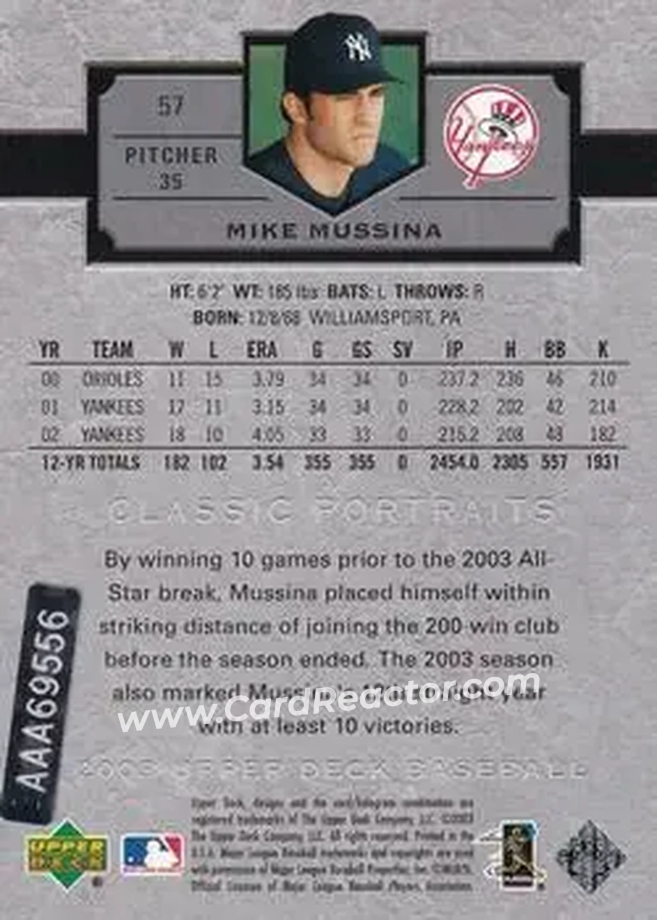 2004 SP Authentic - Autographed Buybacks #57 - Mike Mussina - New York Yankees - Back
