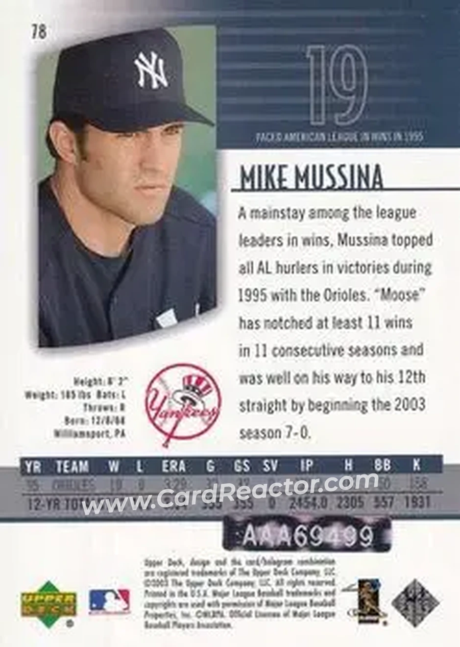 2004 SP Authentic - Autographed Buybacks #78 - Mike Mussina - New York Yankees - Back