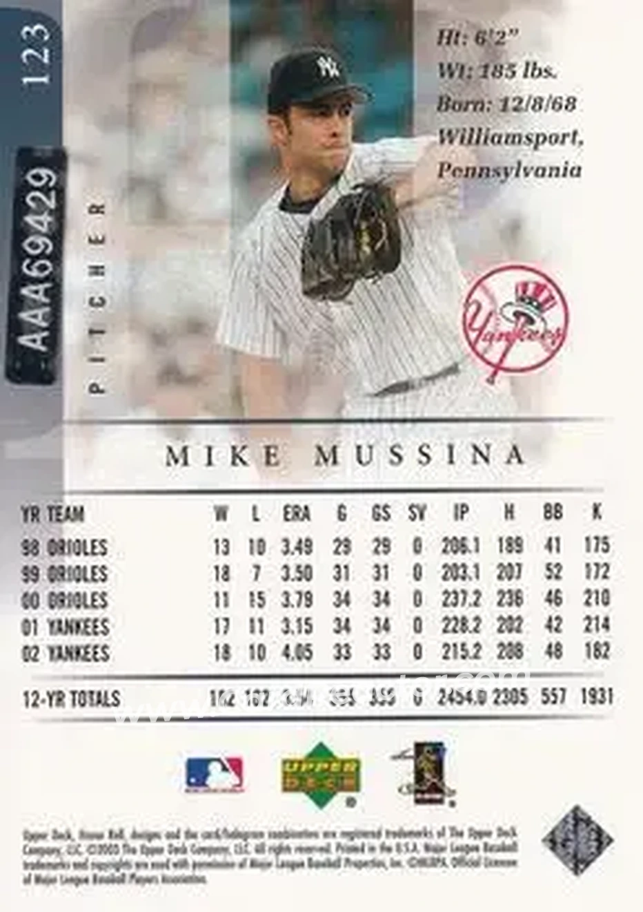 2004 SP Authentic - Autographed Buybacks #123 - Mike Mussina - New York Yankees - Back