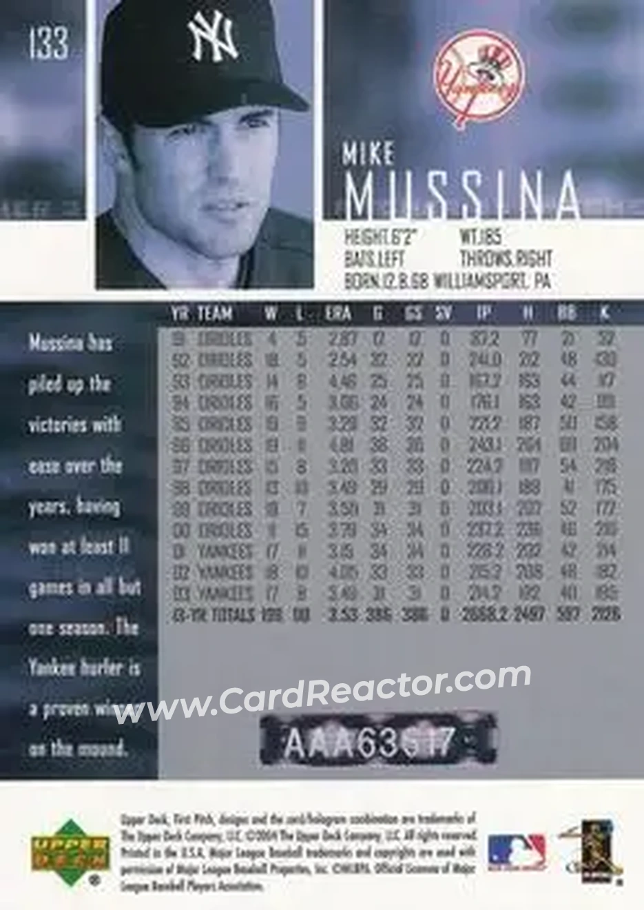 2004 SP Authentic - Autographed Buybacks #133 - Mike Mussina - New York Yankees - Back