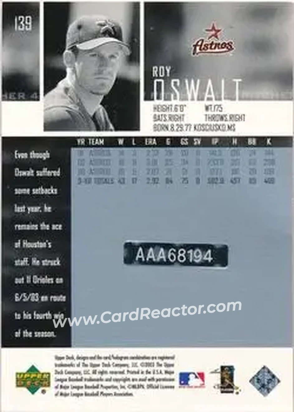 2004 SP Authentic - Autographed Buybacks #139 - Roy Oswalt - Houston Astros - Back