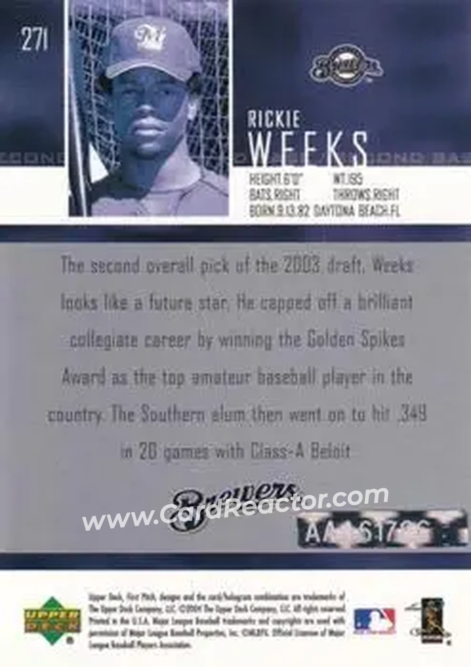 2004 SP Authentic - Autographed Buybacks #271 - Rickie Weeks - Milwaukee Brewers - Back