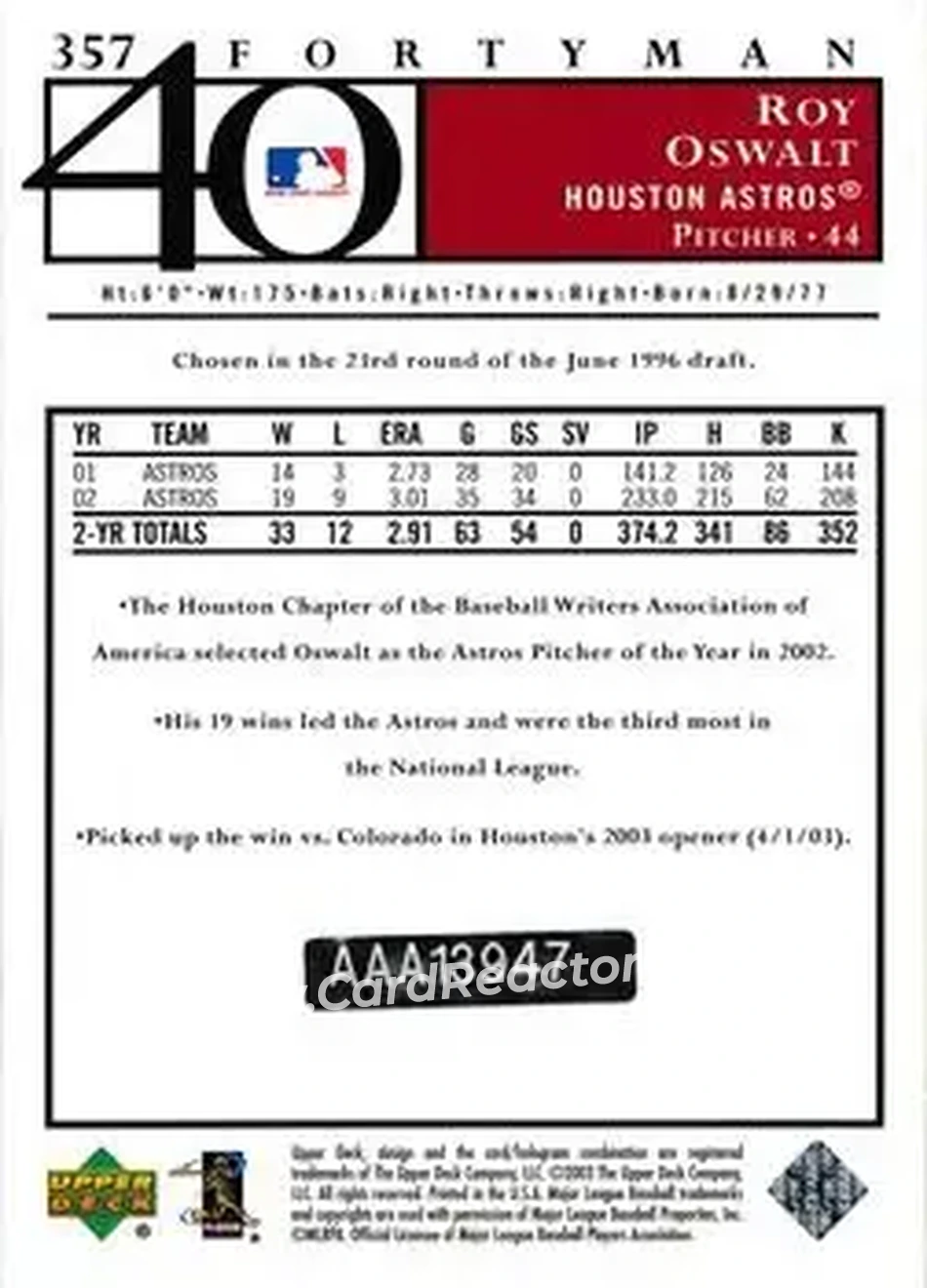 2004 SP Authentic - Autographed Buybacks #357 - Roy Oswalt - Houston Astros - Back