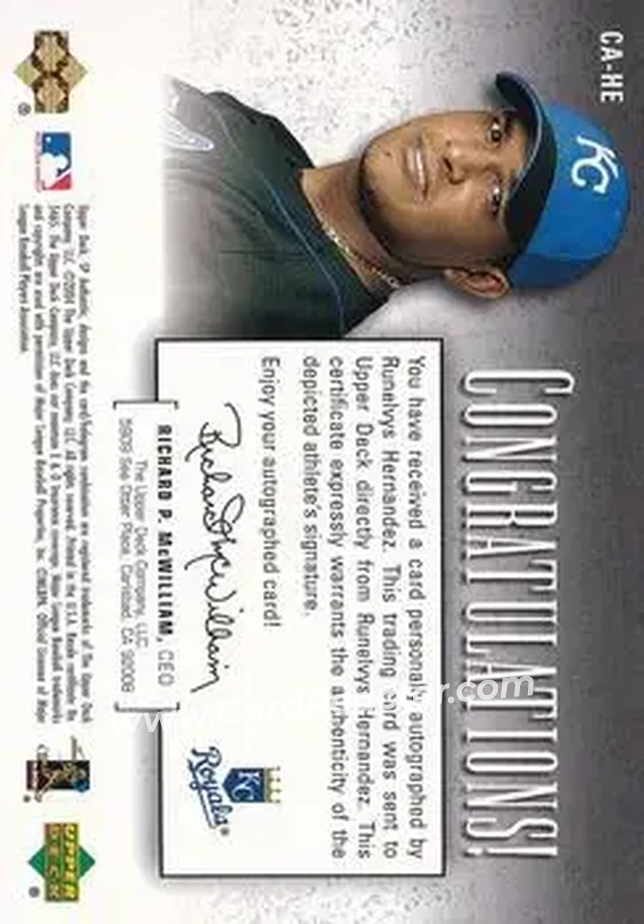 2004 SP Authentic - SP Chirography #CA-HE - Runelvys Hernandez - Kansas City Royals - Back 2004 SP Authentic - SP Chirography #CA-HE - Runelvys Hernandez - Kansas City Royals - Back