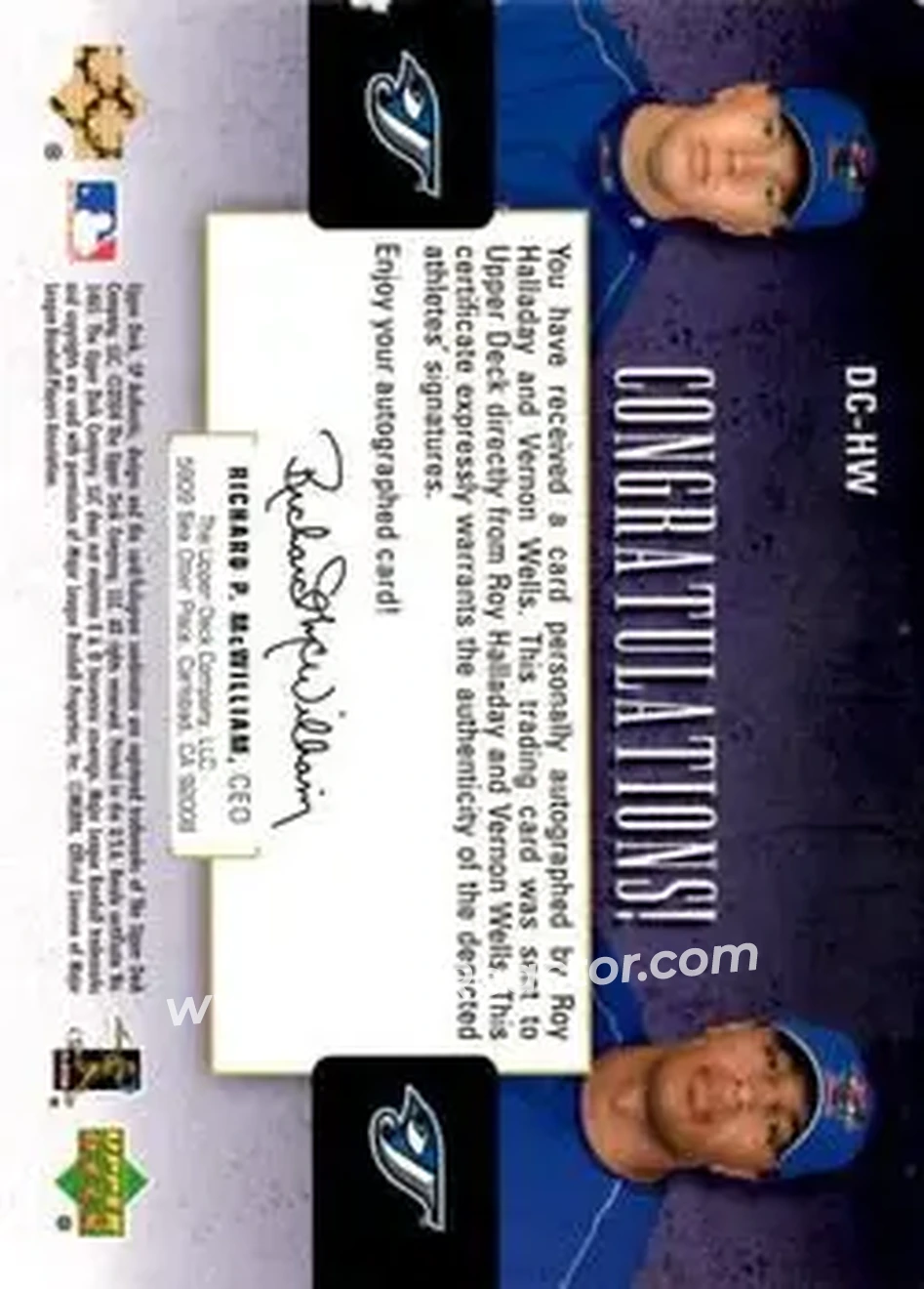 2004 SP Authentic - SP Chirography Dual #DC-HW - Roy Halladay - Vernon Wells - Toronto Blue Jays - Back