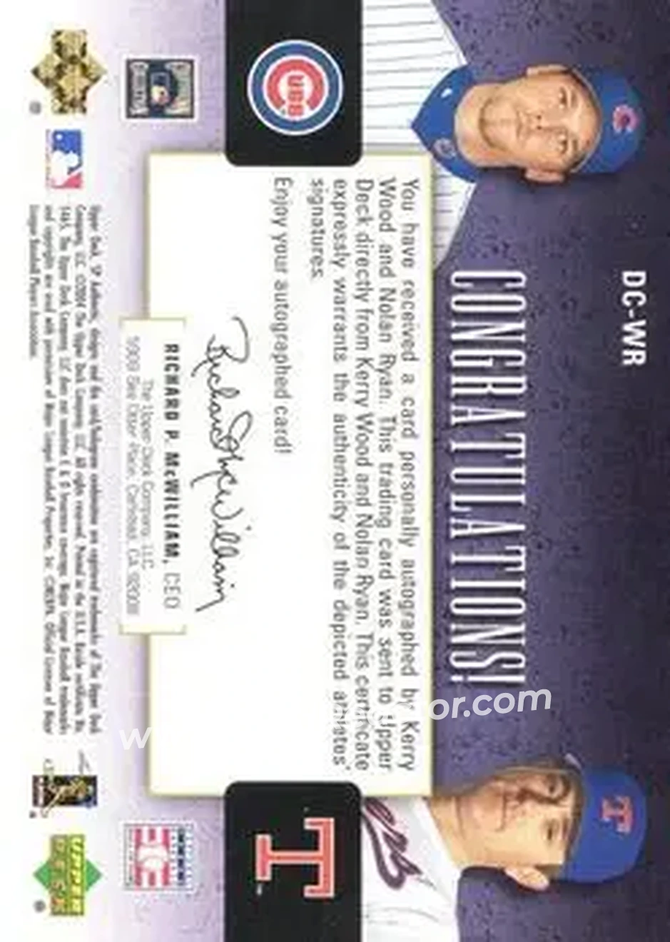 2004 SP Authentic - SP Chirography Dual #DC-WR - Kerry Wood - Nolan Ryan - Back 2004 SP Authentic - SP Chirography Dual #DC-WR - Kerry Wood - Nolan Ryan - Back