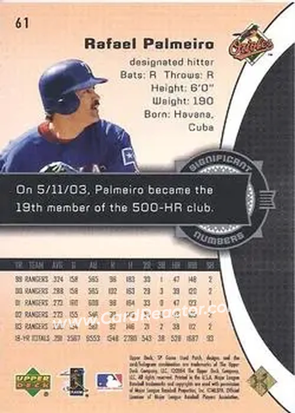 2004 SP Game Used Patch #61 - Rafael Palmeiro - Baltimore Orioles - Back