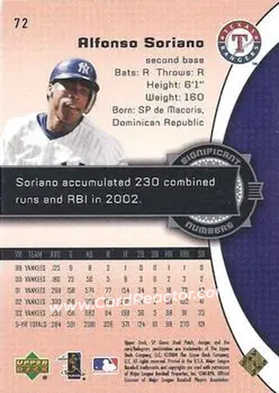 2004 SP Game Used Patch #72 - Alfonso Soriano - Texas Rangers - Back