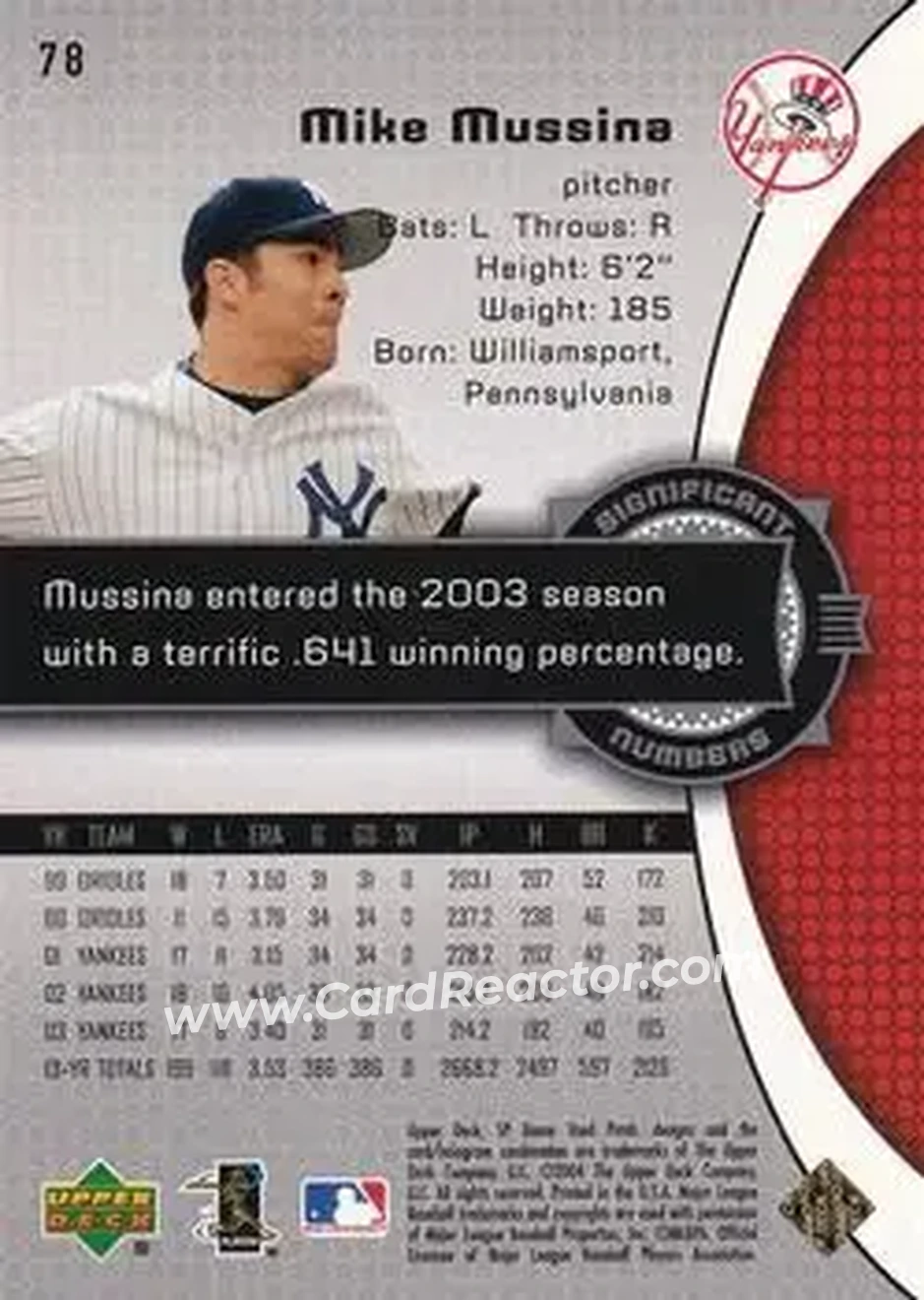 2004 SP Game Used Patch #78 - Mike Mussina - New York Yankees - Back