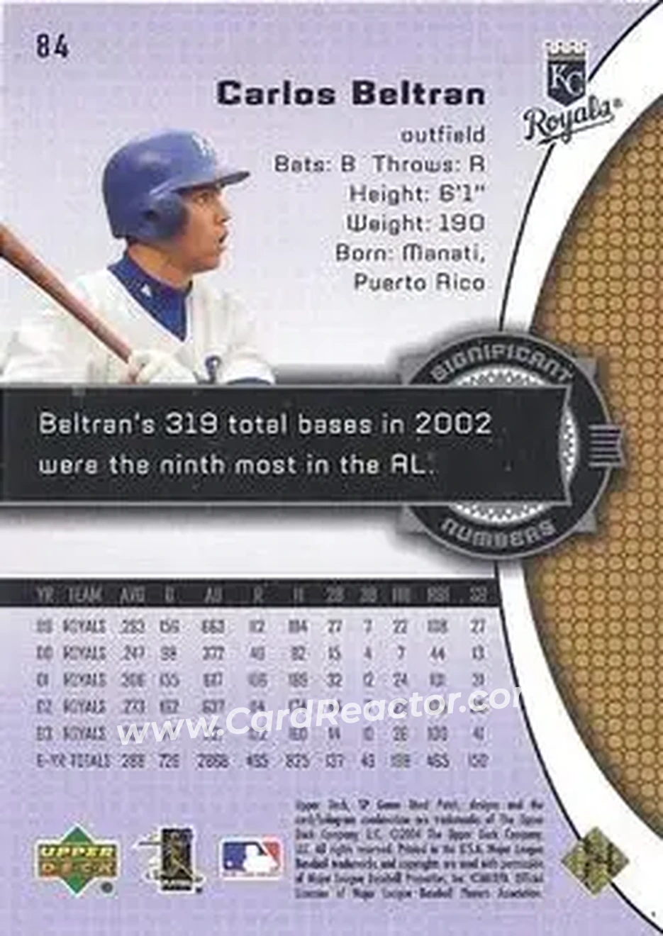 2004 SP Game Used Patch #84 - Carlos Beltran - Kansas City Royals - Back