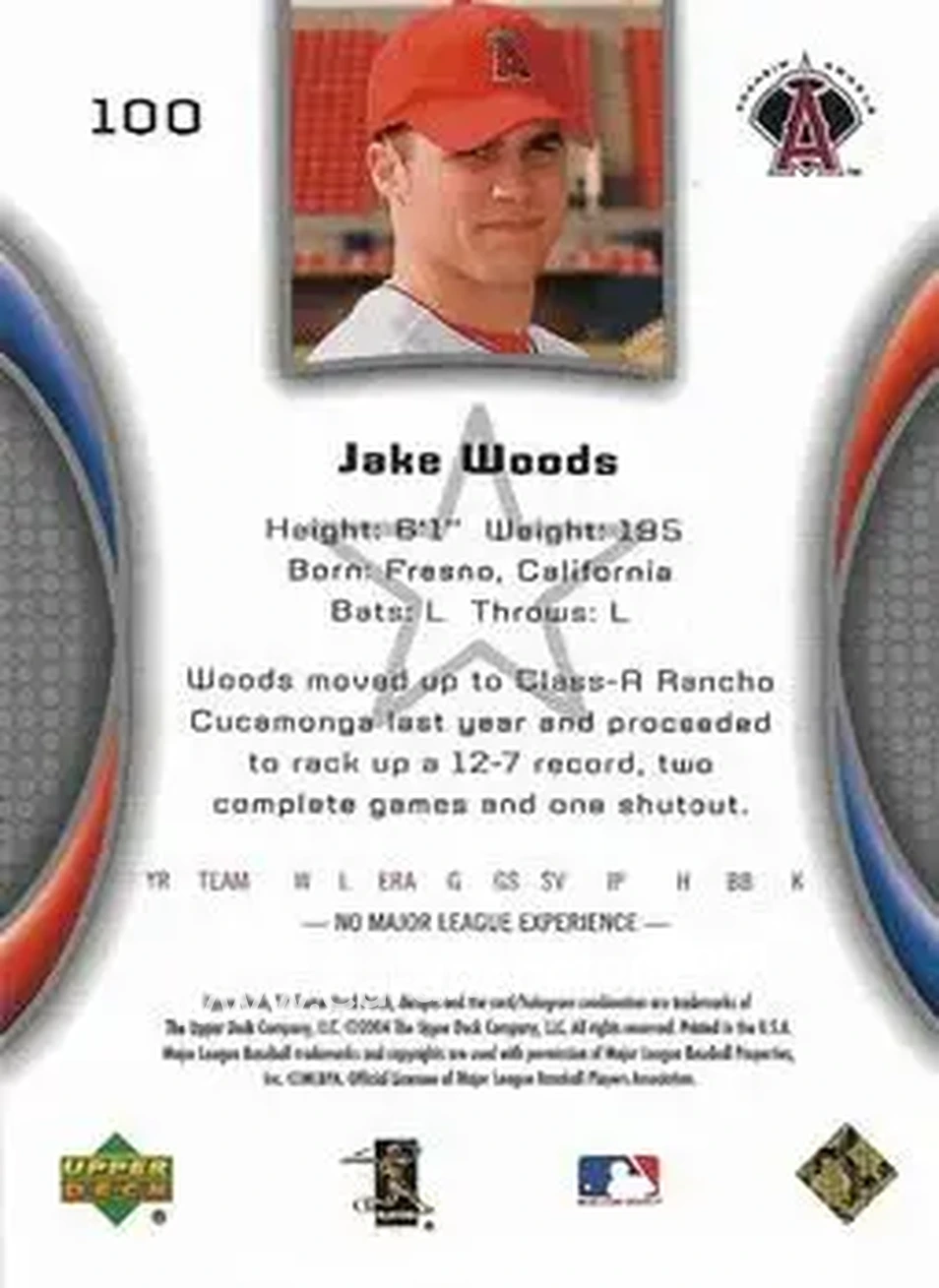 2004 SP Game Used Patch #100 - Jake Woods - Anaheim Angels - Back