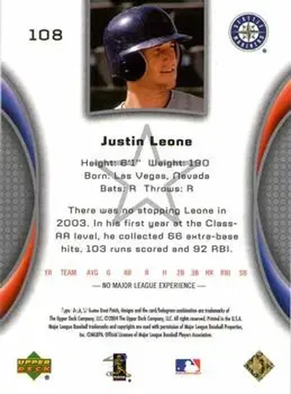 2004 SP Game Used Patch #108 - Justin Leone - Seattle Mariners - Back