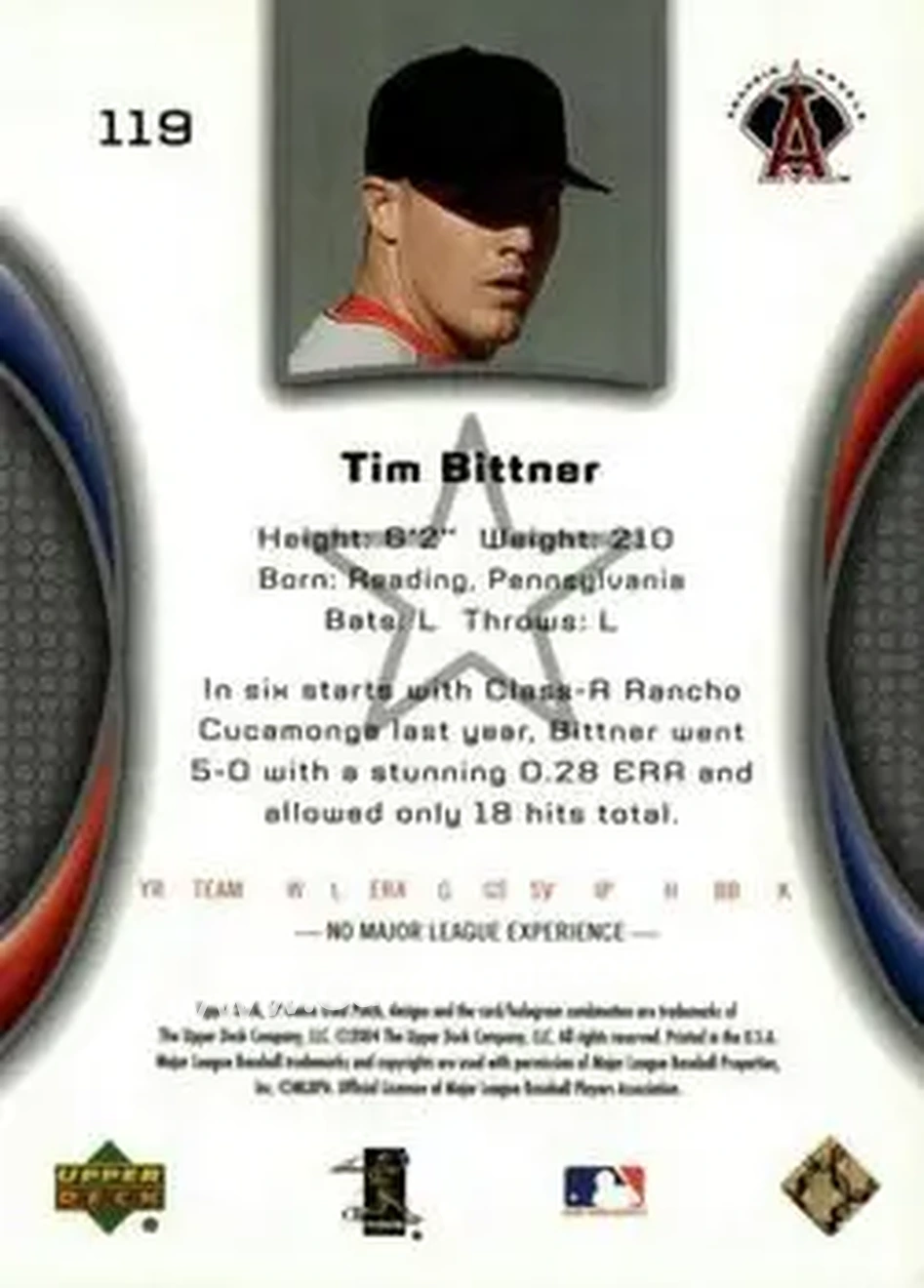 2004 SP Game Used Patch #119 - Tim Bittner - Anaheim Angels - Back