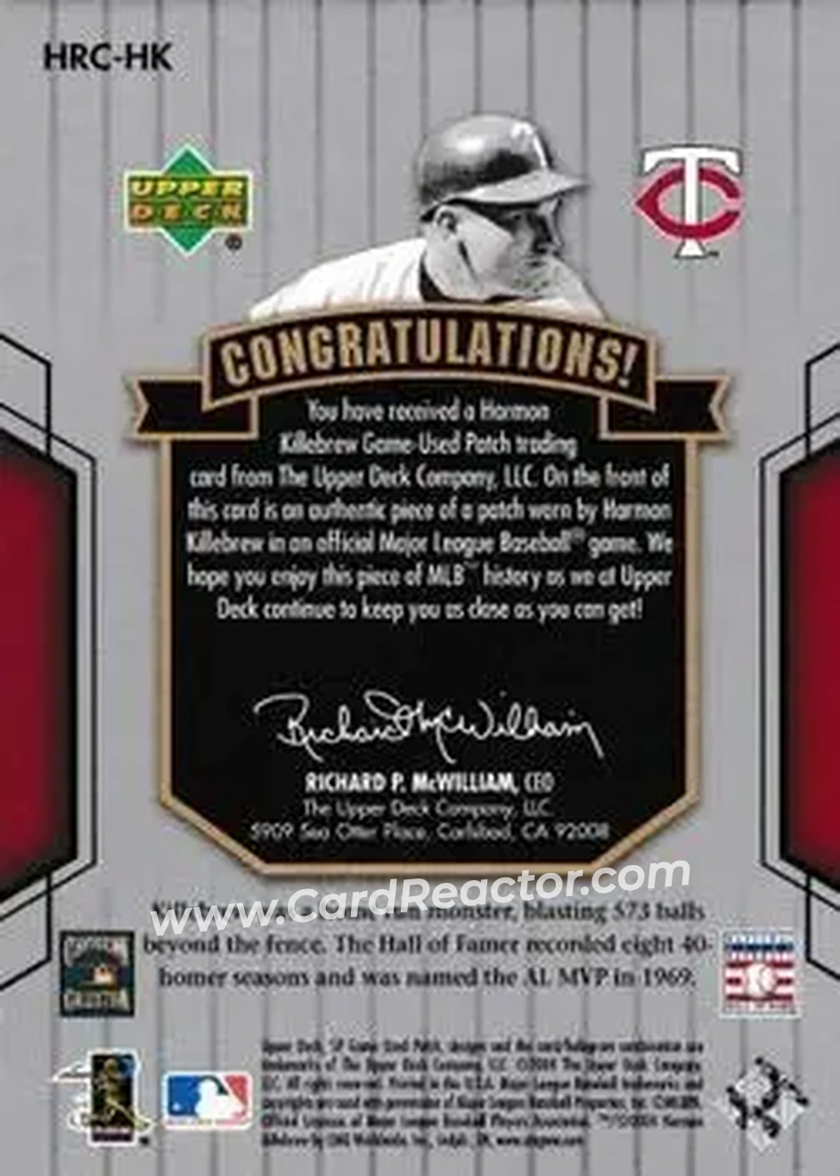 2004 SP Game Used Patch - 500 HR Club #HRC-HK - Harmon Killebrew - Minnesota Twins - Back