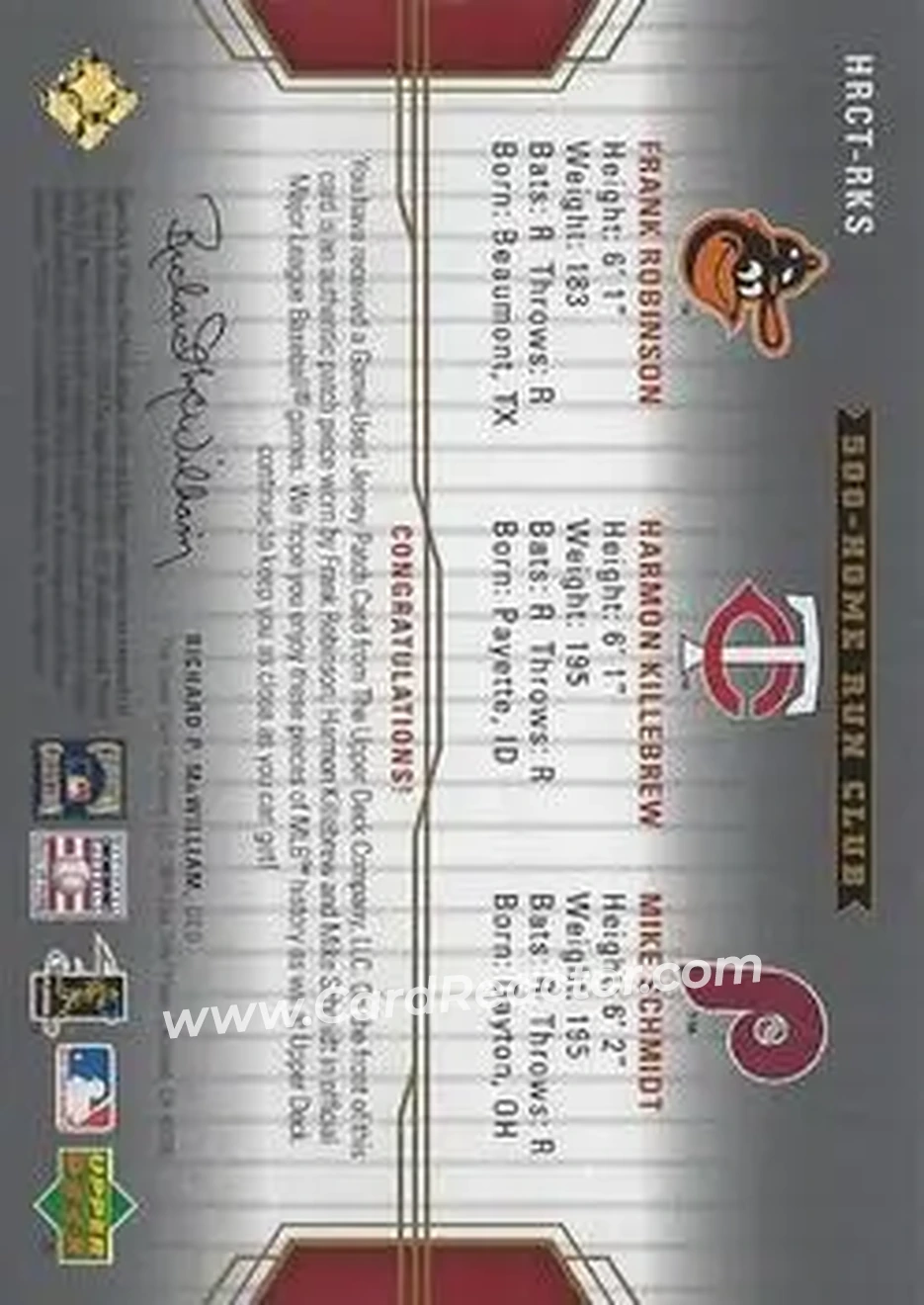 2004 SP Game Used Patch - 500 HR Club Triple #RKS - Frank Robinson - Harmon Killebrew - Mike Schmidt - Back
