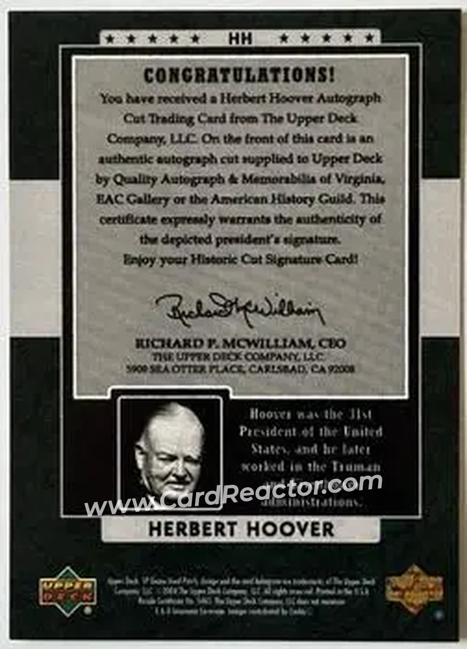 2004 SP Game Used Patch - Cut Signatures #HH - Herbert Hoover - Back