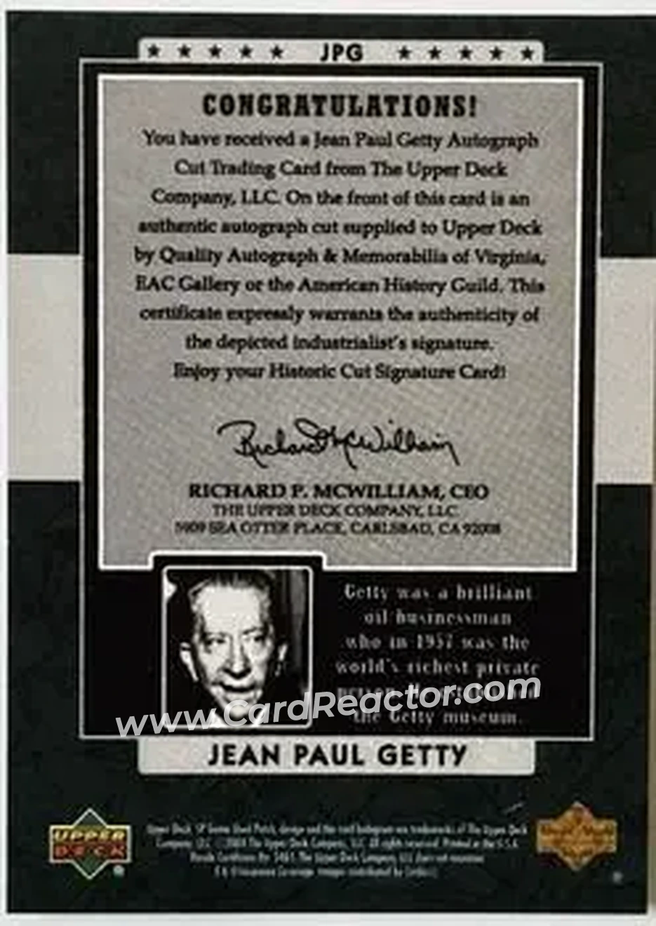 2004 SP Game Used Patch - Cut Signatures #JPG - Jean Paul Getty - Back 2004 SP Game Used Patch - Cut Signatures #JPG - Jean Paul Getty - Back