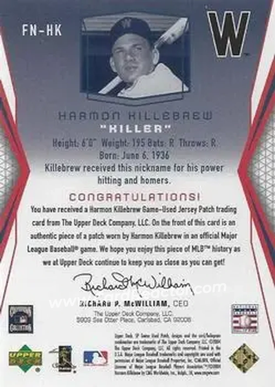 2004 SP Game Used Patch - Famous Nicknames #FN-HK - Harmon Killebrew - Minnesota Twins - Back