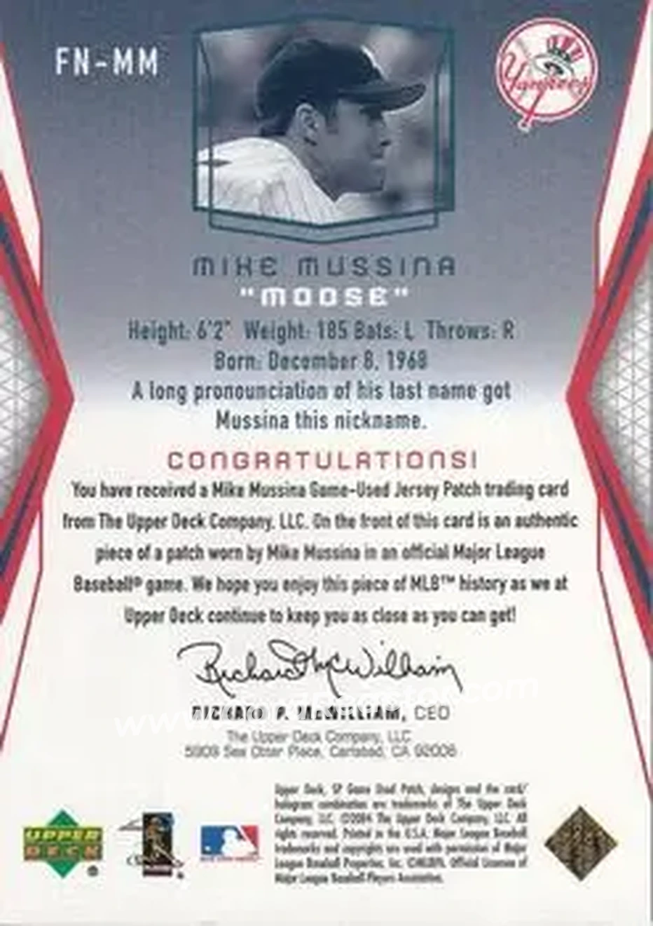 2004 SP Game Used Patch - Famous Nicknames #FN-MM - Mike Mussina - New York Yankees - Back