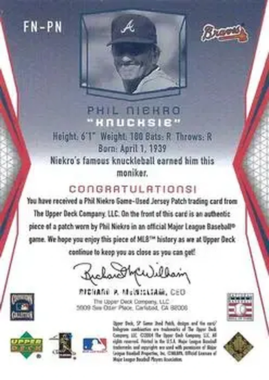 2004 SP Game Used Patch - Famous Nicknames #FN-PN - Phil Niekro - Atlanta Braves - Back