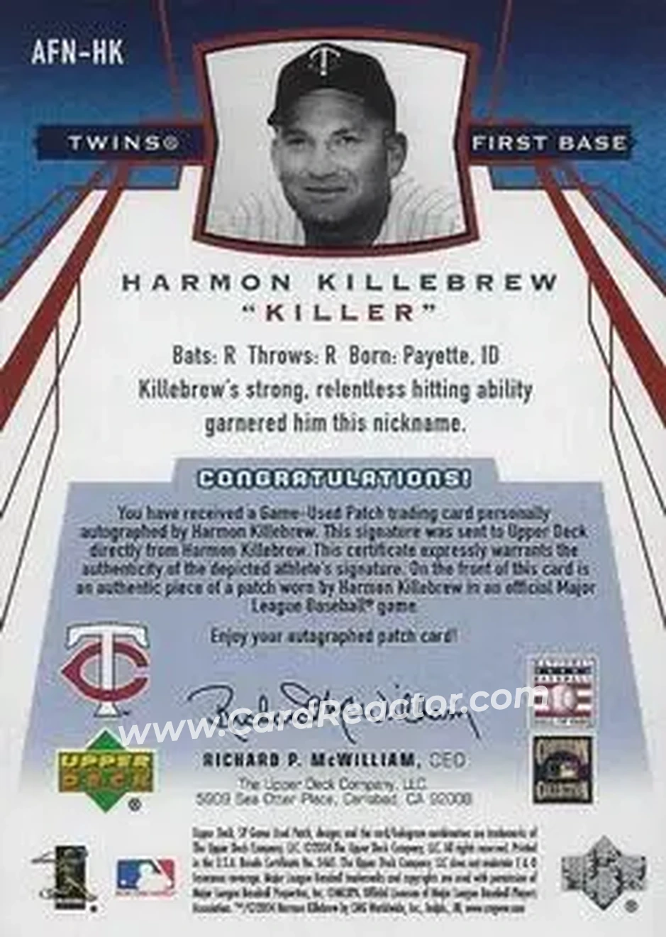 2004 SP Game Used Patch - Famous Nicknames Autograph #AFN-HK - Harmon Killebrew - Minnesota Twins - Back