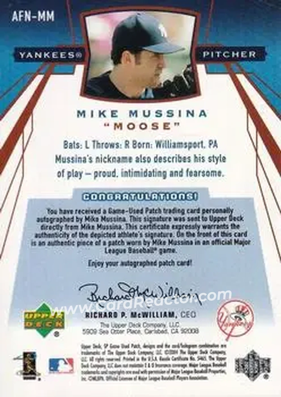 2004 SP Game Used Patch - Famous Nicknames Autograph #AFN-MM - Mike Mussina - New York Yankees - Back