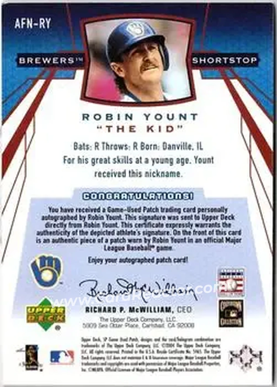 2004 SP Game Used Patch - Famous Nicknames Autograph #AFN-RY - Robin Yount - Milwaukee Brewers - Back