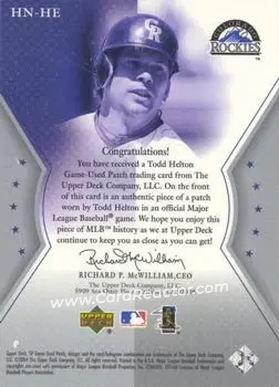 2004 SP Game Used Patch - HOF Numbers #HN-HE - Todd Helton - Colorado Rockies - Back